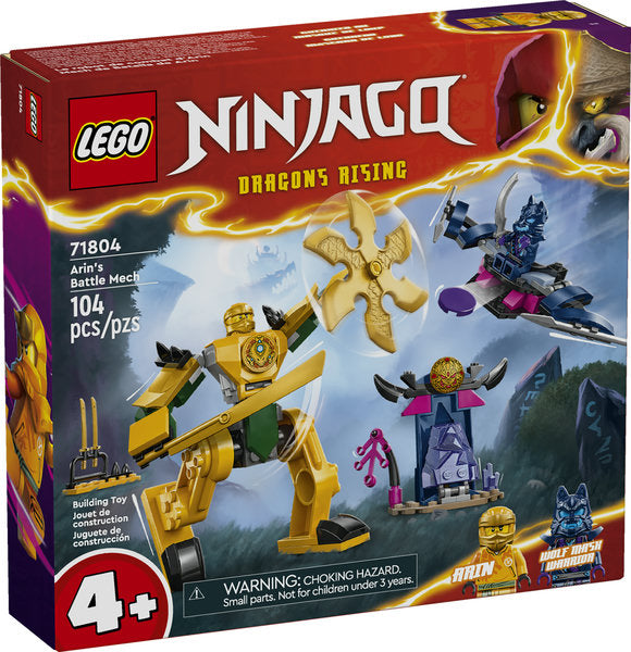 LEGO Ninjago Arin's Battle Mech with posable limbs, rotating blade, sword, flyer, and minifigure for kids 4+ to recreate battles.