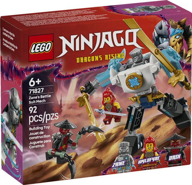 LEGO Ninjago Zane's Battle Suit Mech building set with mech, 3 minifigures, swords, and posable limbs for kids 6+