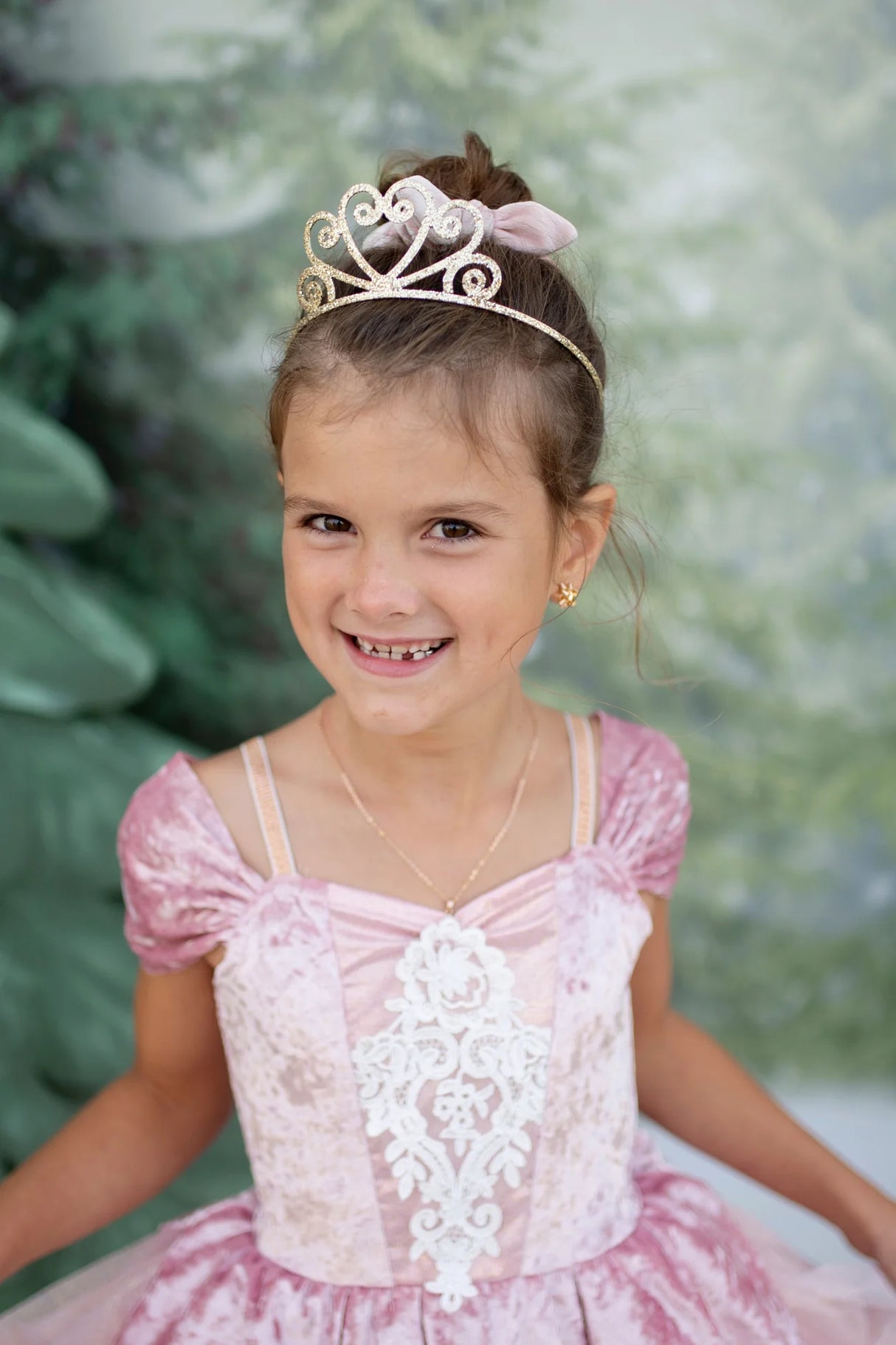 Prima Ballerina Dress Size 5-6 in dusty-rose velvet with lace detailing and sparkly straps worn by smiling girl.