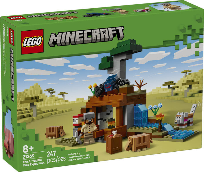 LEGO Minecraft The Armadillo Mine Expedition set with mine, TNT function, cave spider, wolf, armadillos, river, lava fall, and savanna biome.