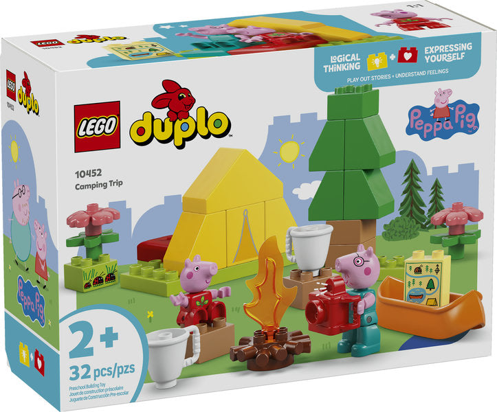 Duplo Peppa Pig Camping Trip toddler playset with tent, campfire, canoe, Peppa and Daddy Pig figures for imaginative camping fun.