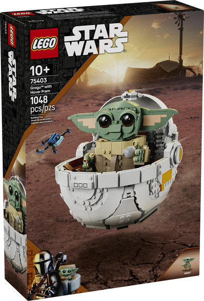 Star Wars Grogu with Hover Pram LEGO set featuring posable Grogu in a hover pram on desert background.
