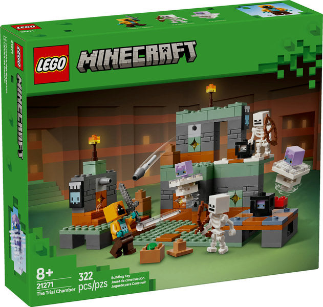 LEGO Minecraft The Trial Chamber set with skeleton and breeze figures, missile launchers, and treasure in a Minecraft build.