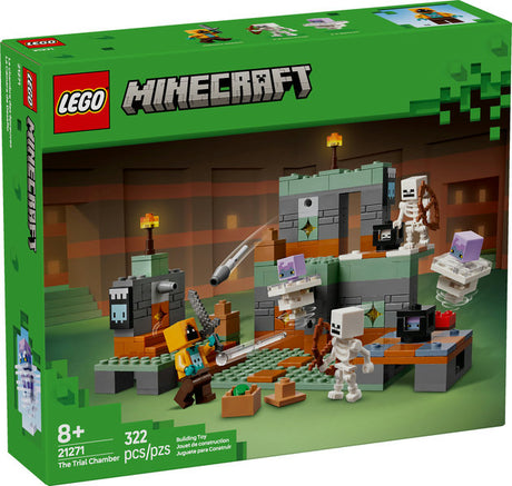 LEGO Minecraft The Trial Chamber set with skeleton and breeze figures, missile launchers, and treasure in a Minecraft build.