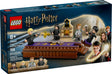 LEGO Harry Potter Hogwarts Castle Dueling Club with minifigures Harry, Draco, Lockhart, and Snape on battle platform toy set.
