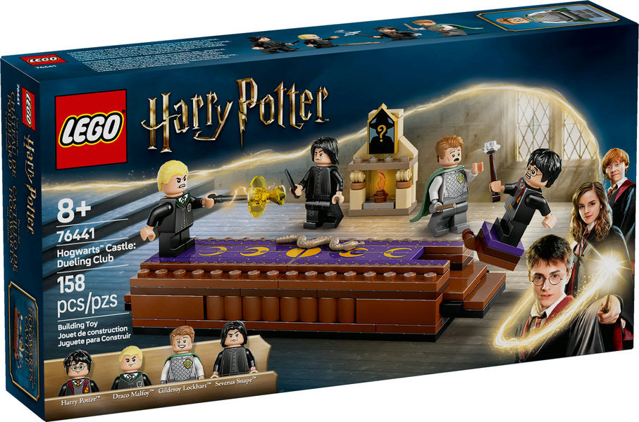 LEGO Harry Potter Hogwarts Castle Dueling Club with minifigures Harry, Draco, Lockhart, and Snape on battle platform toy set.