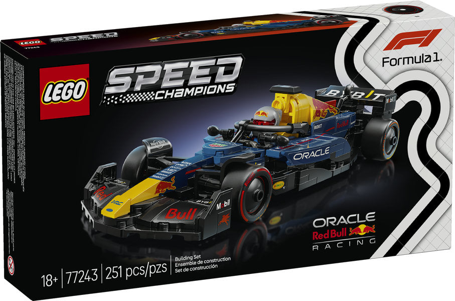 Speed Oracle Red Bull Racing LEGO Speed Champions F1 car model with detailed cockpit and sponsor stickers, 251 pieces.