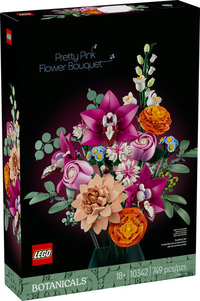 Botanicals Pretty Pink Flower Bouquet LEGO set with 15 adjustable flower stems for custom floral decor assembly.