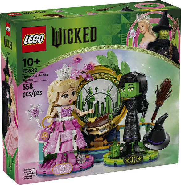 LEGO Wicked Elphaba & Glinda Figures set with detailed character figures, broom, crown, purse, and Oz-themed display base.