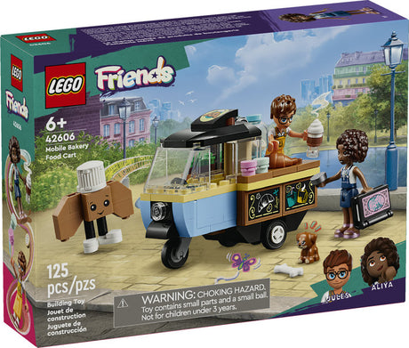 LEGO Friends Mobile Bakery Food Cart playset with mini-dolls, bakery cart, pup, and accessories for creative role play.