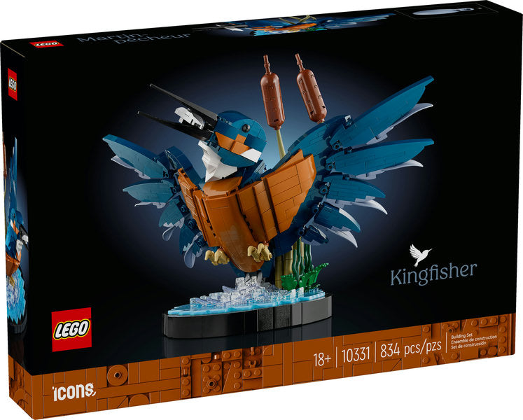 LEGO Icons Kingfisher Bird building set showing a detailed kingfisher perched on water with reeds display stand.