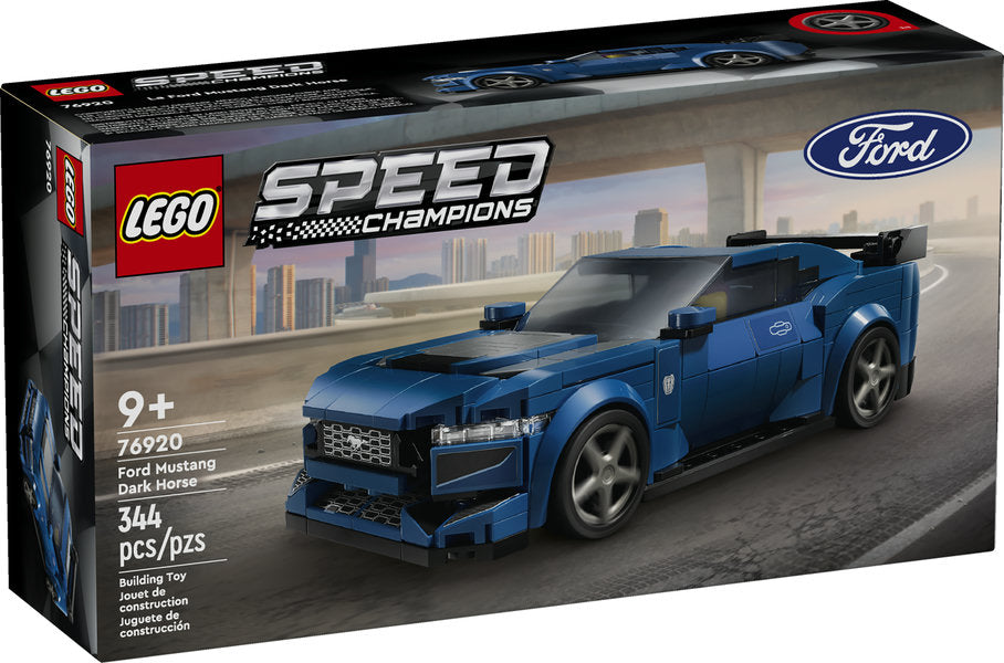 LEGO Speed Ford Mustang Dark Horse toy car set with 344 pieces, authentic design, and Ford logos for kids 9 and up.