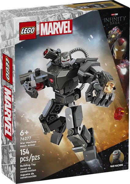 Super Heroes Marvel War Machine Mech Armor LEGO building toy with 154 pieces and poseable action features.