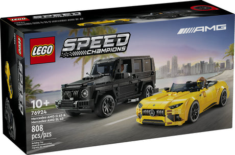 Speed Mercedes-AMG G 63 & Mercedes-AMG SL 63 LEGO set featuring detailed buildable car models with driver minifigures.
