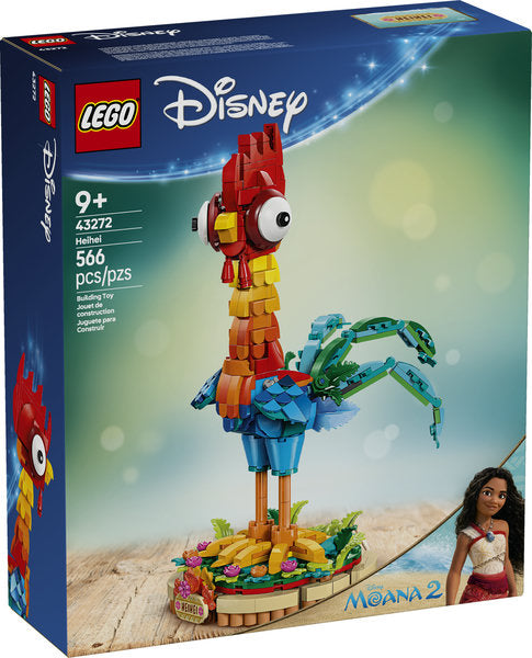 Disney Princess Heihei LEGO buildable model from Moana 2 with posable wings, tail, and decorative display stand.