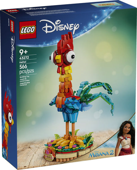 Disney Princess Heihei LEGO buildable model from Moana 2 with posable wings, tail, and decorative display stand.
