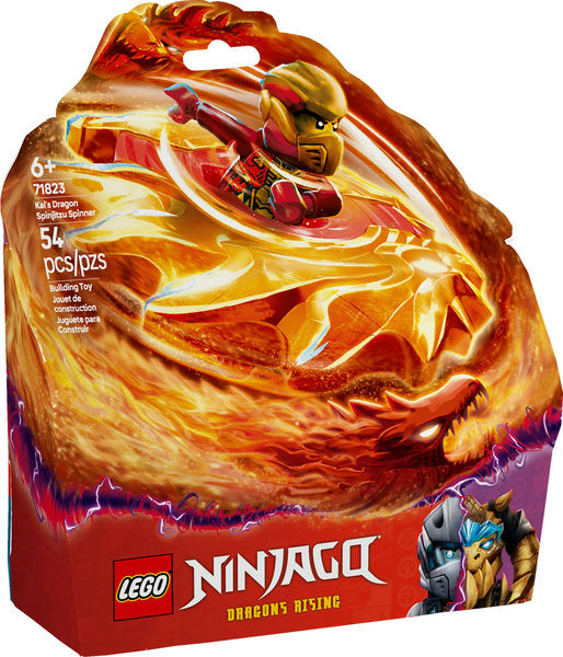 Ninjago Kai's Dragon Spinjitzu Spinner building toy with minifigure Kai riding a fiery dragon spinner, ages 6+