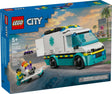 LEGO City Emergency Ambulance toy with minifigures, stretchers, and accessories for rescue play and building fun.