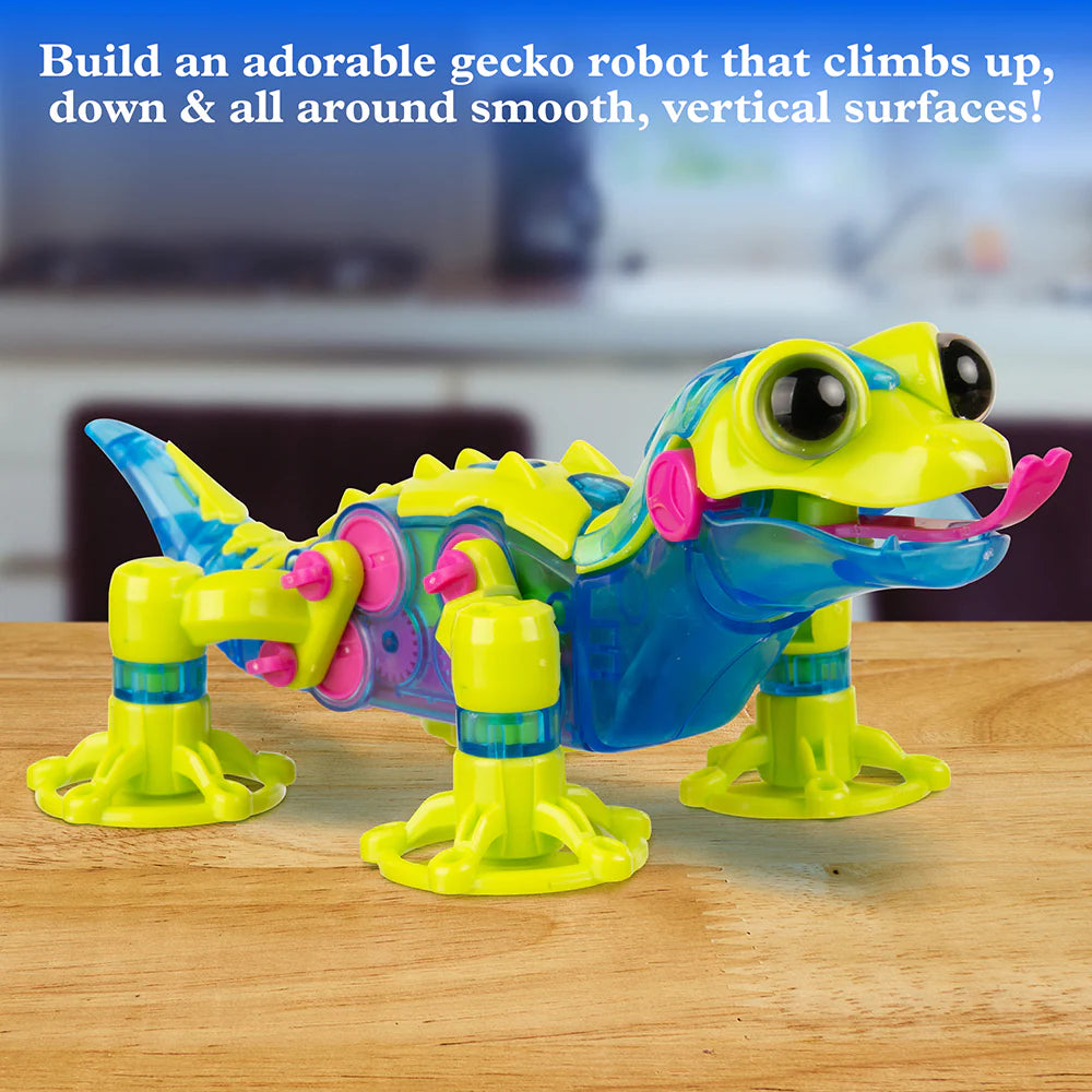 Colorful robotic gecko toy with suction cup feet designed to climb smooth vertical surfaces indoors