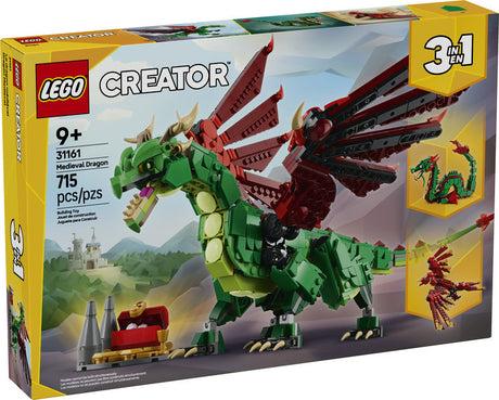 LEGO Creator Medieval Dragon with posable wings and treasure chest, 715 pieces for imaginative medieval play.