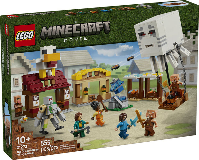 Minecraft The Ghast Balloon Village Attack LEGO set with characters, balloon, market stalls, and explosive village scene.
