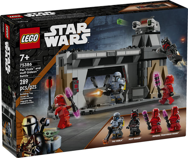 LEGO Star Wars Paz Vizsla and Moff Gideon Battle set with Mandalorian base, minifigures, and stud-shooting turret.