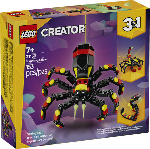 LEGO Creator Wild Animals: Surprising Spider 3in1 building set with posable spider, scorpion, and snake models for kids 7+.