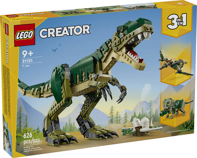 LEGO Creator T. rex toy with movable head, tail, jaw, arms, and legs for kids 9+ to build and role-play dinosaur adventures.
