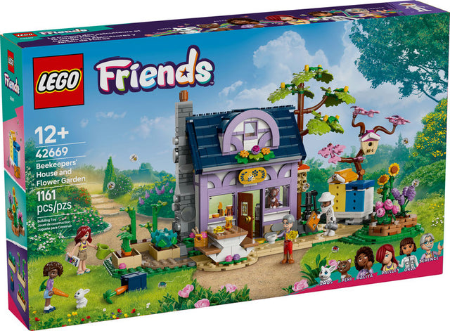 LEGO Friends Beekeepers' House and Flower Garden set with detailed house, garden, flowers, and mini figures playing outdoors.