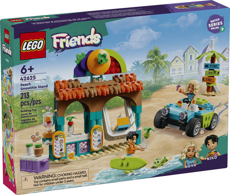 LEGO Friends Beach Smoothie Stand playset with buildable smoothie stand, beach buggy, and mini dolls Nova and Niko.