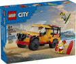 LEGO City Lifeguard Beach Rescue Truck with lifeguard, surfer minifigures, surfboards, and shark figure on beach scene