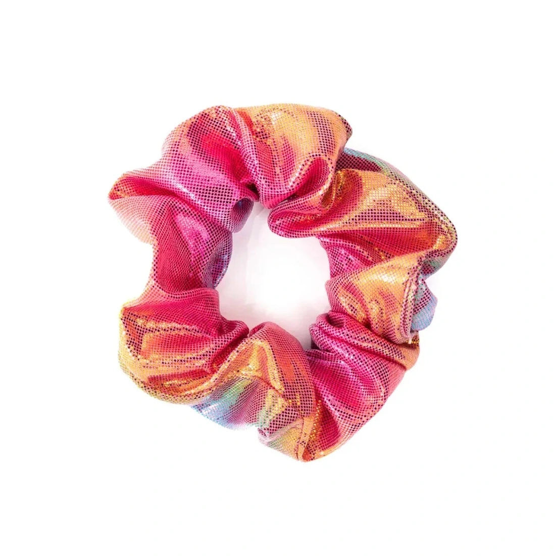 Seaside Scrunchie in vibrant metallic pink and orange spandex, perfect for fun and durable kids' hair accessories.