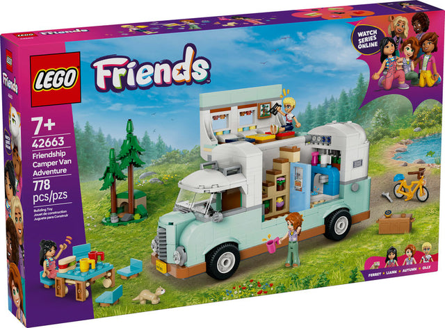 Friends Friendship Camper Van Adventure playset with minidolls, camper van, kitchen, toilet, bike, and outdoor camping accessories.