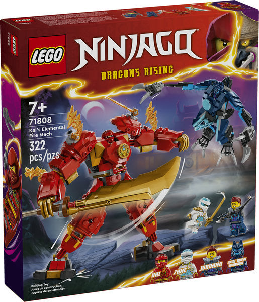 LEGO Ninjago Kai's Elemental Fire Mech with posable arms, golden sword, and four minifigures for ninja battles.