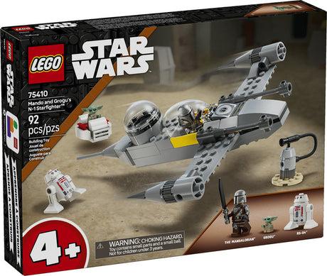 LEGO Star Wars Mando and Grogu's N-1 Starfighter model kit with 3 characters and buildable ship for kids 4+ years.