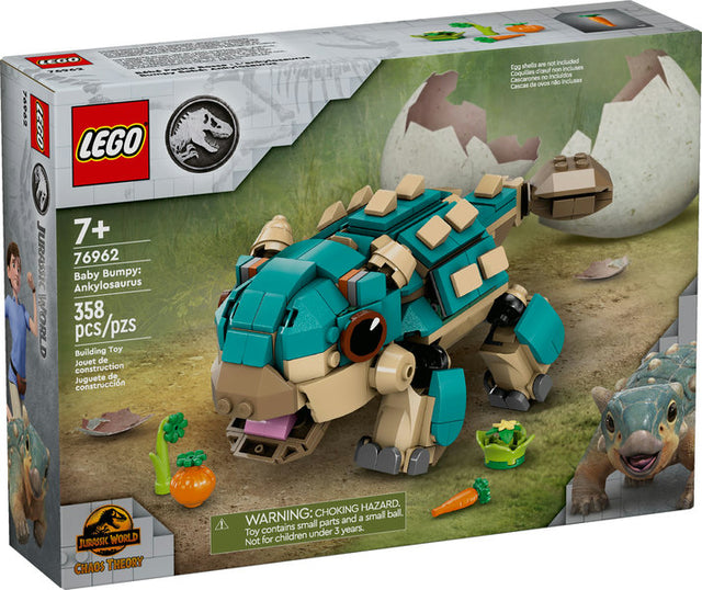 LEGO Jurassic World Baby Bumpy: Ankylosaurus building toy with 358 pieces, featuring a colorful dinosaur and veggies for kids 7+.