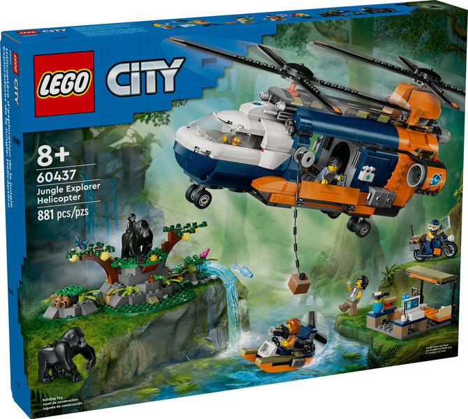 LEGO City Jungle Explorer Helicopter at Base Camp with helicopter, motorcycle, swamp boat, base camp, and gorilla figures.