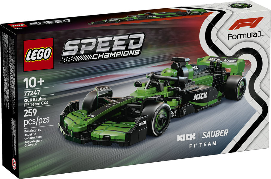 LEGO Speed KICK Sauber F1 Team C44 buildable race car with detailed cockpit, rear wing, and driver minifigure, age 10+ toy.