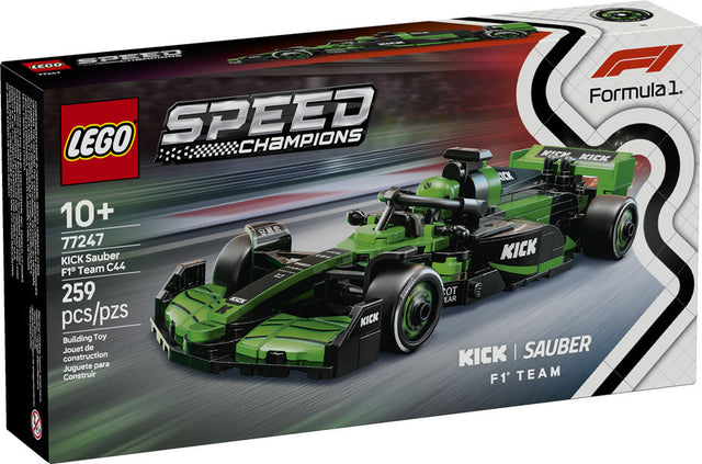 LEGO Speed KICK Sauber F1 Team C44 buildable race car with detailed cockpit, rear wing, and driver minifigure, age 10+ toy.