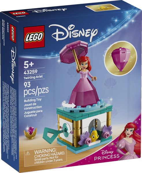 Disney Princess Twirling Ariel LEGO set with Ariel in pink dress, umbrella, Flounder, and rotating key stand for kids 5+.
