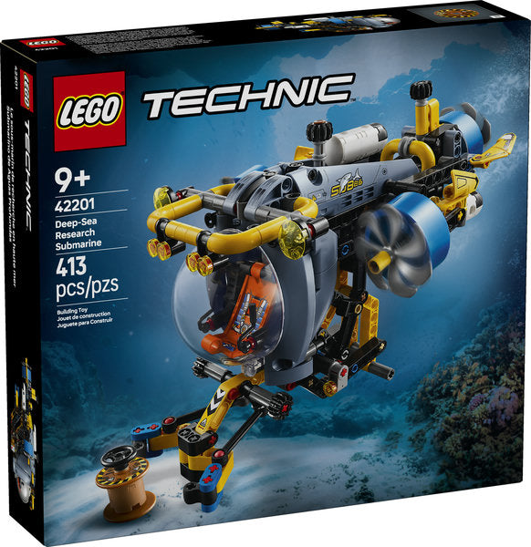 LEGO Technic Deep-Sea Research Submarine model with 413 pieces, steering, propellers, and extending arm for underwater exploration.