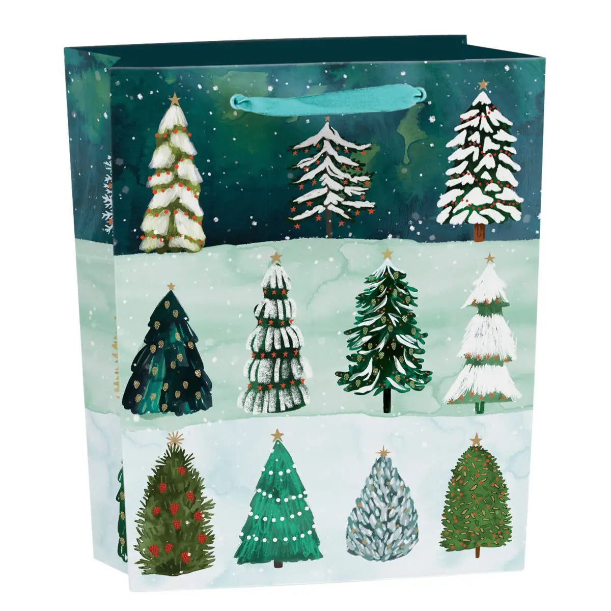 Festive Trees Gift Bag Medium featuring snow-covered Christmas tree artwork by Katie Vernon with blue handles.