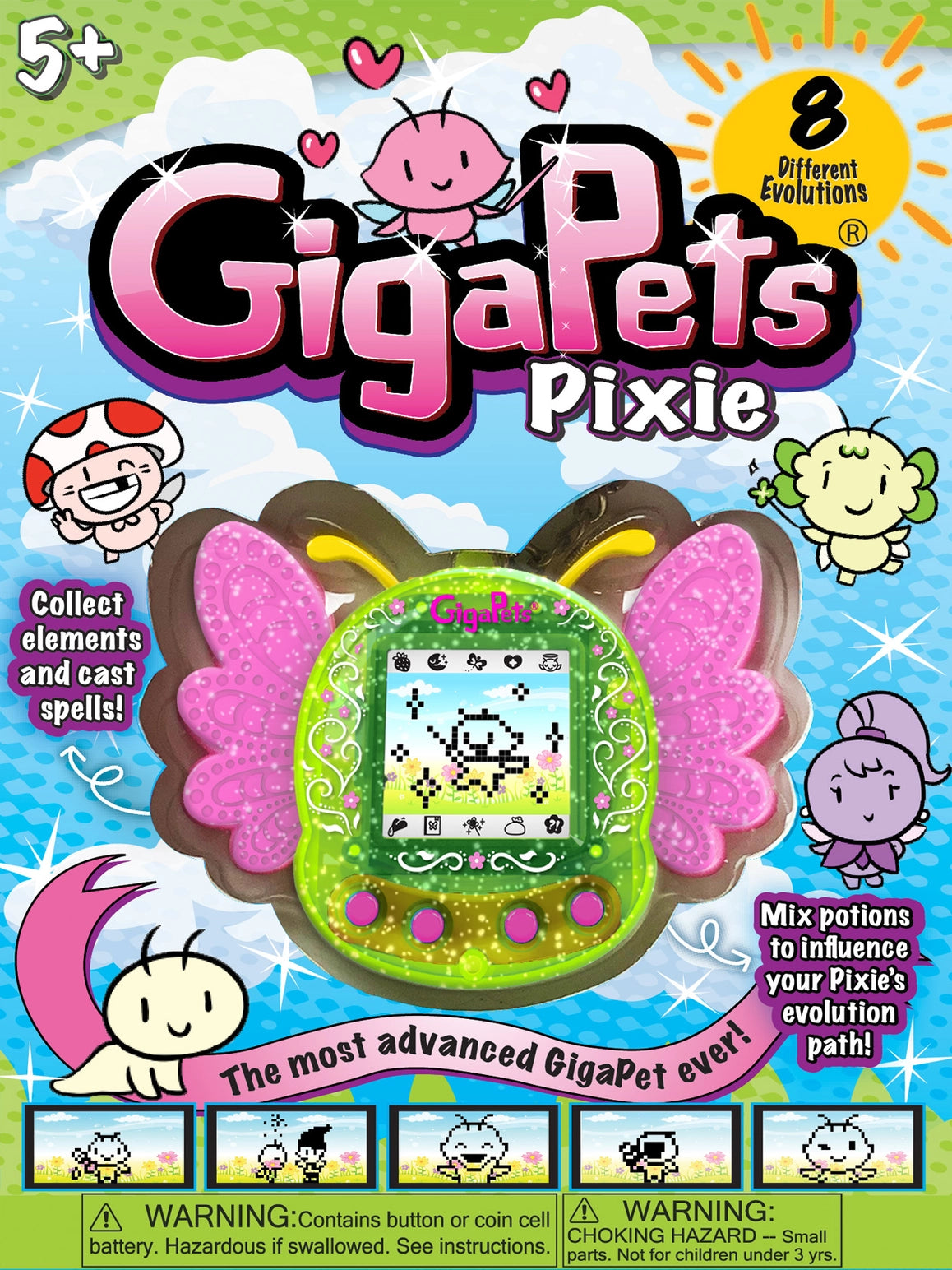 Colorful GigaPets Pixie virtual pet with butterfly wings and animated pixel characters on screen for ages 5 and up