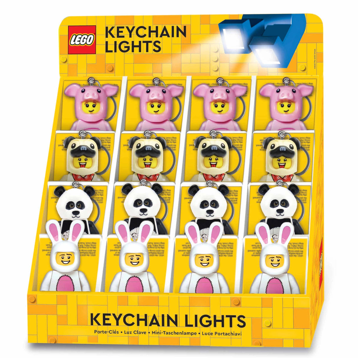 Display of Lego Keylight | Animal keychain lights featuring pig, panda, pug, and bunny figures with LED lights in feet.