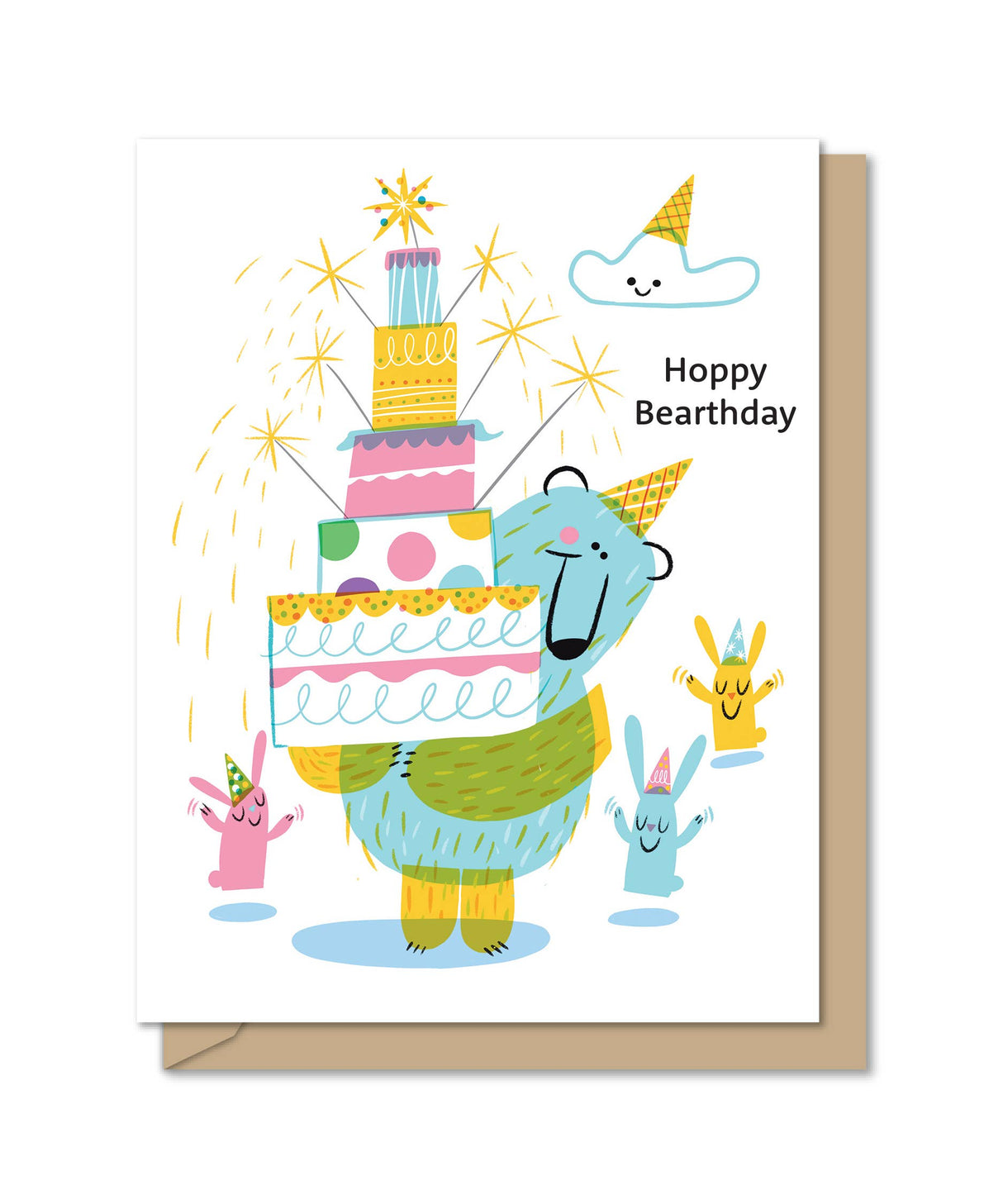 Illustration of a smiling bear wearing a party hat holding a colorful birthday cake with small animals celebrating nearby