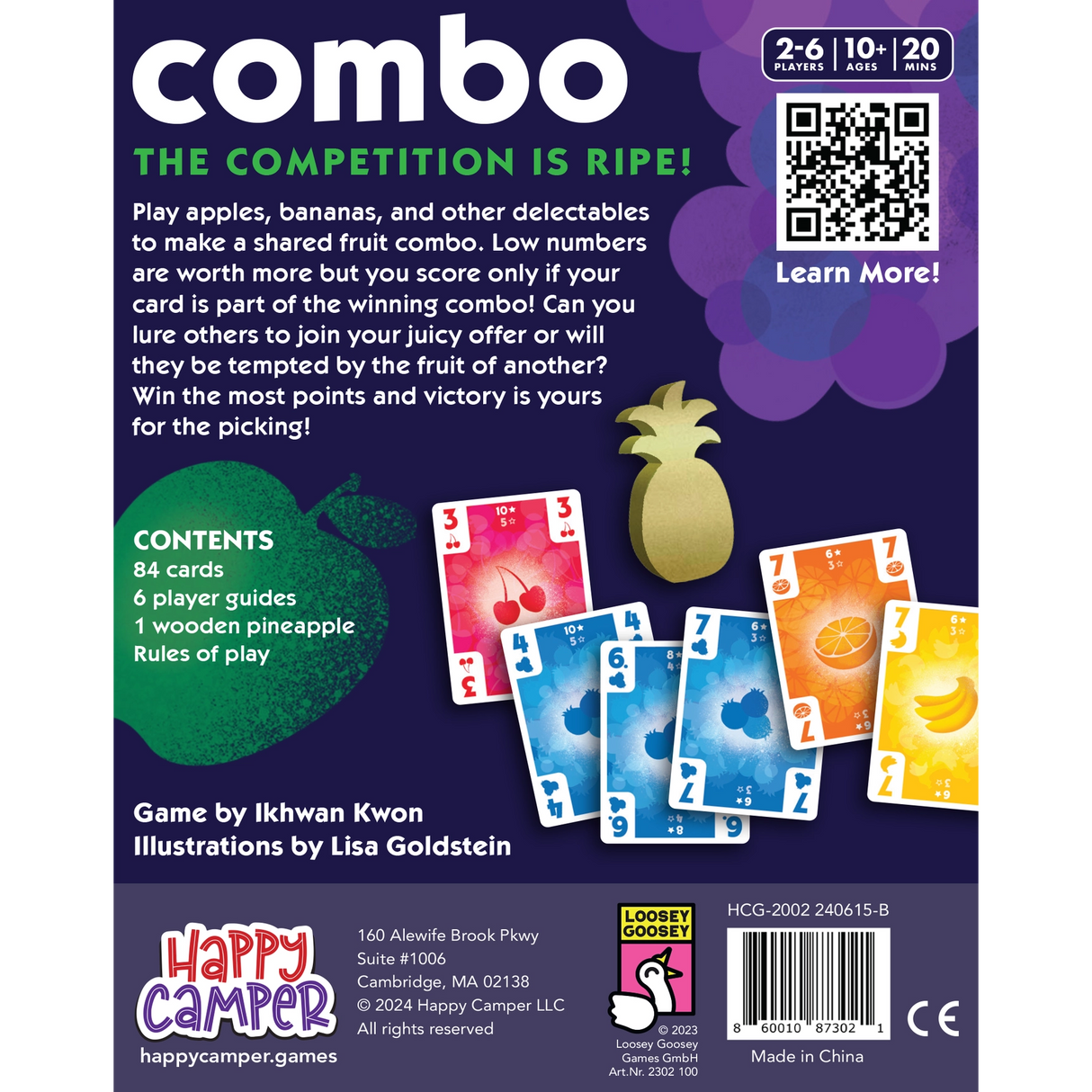Combo: A Most Tempting Card Game box showing fruit cards, player guides, and a wooden pineapple game piece.