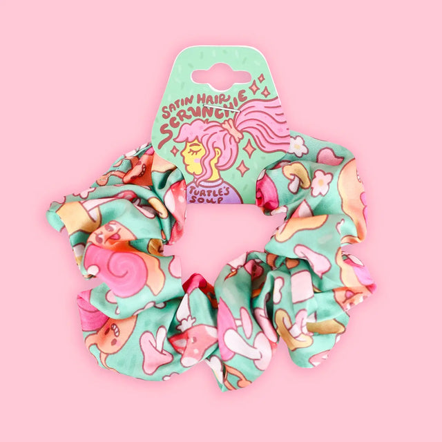 Snail Mushroom Hair Scrunchie made with satin fabric, featuring colorful mushroom design, gentle on hair and strong elastic.