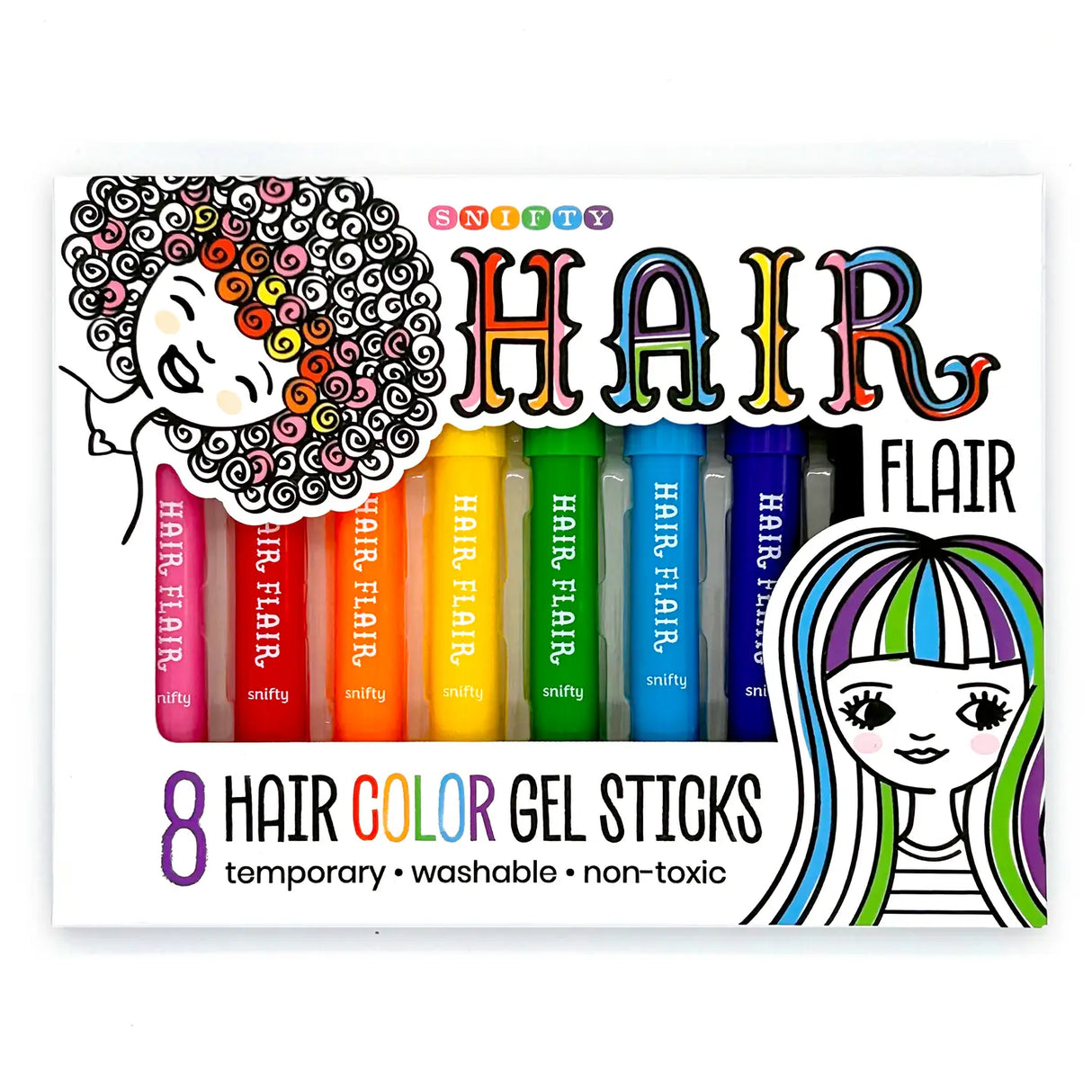 Hair Flair Color Gel Sticks set of 8 vibrant, temporary, washable, non-toxic hair crayons for easy color changes.