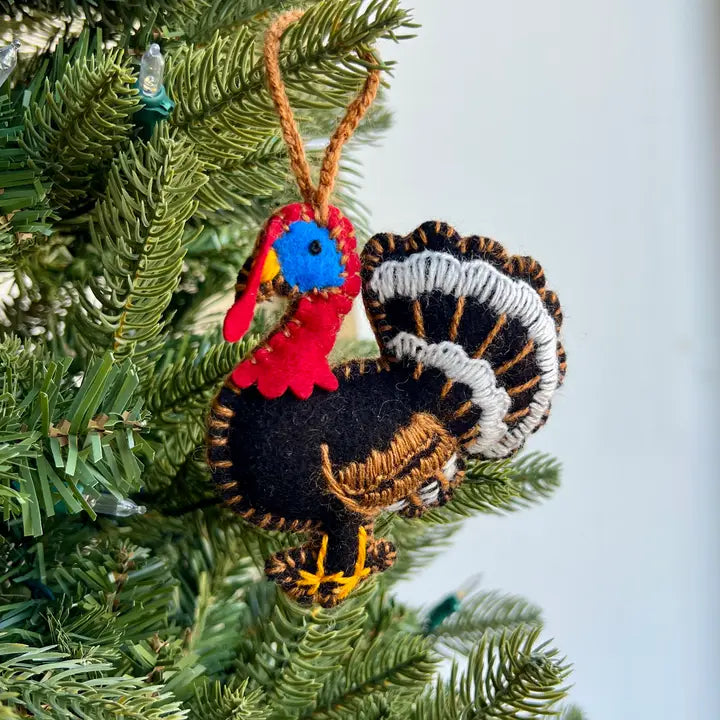 Turkey Embroidered Ornament handmade wool turkey with colorful embroidery hanging on Christmas tree branch