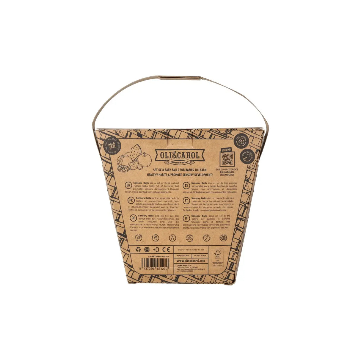 Eco-friendly triangular cardboard box with handle featuring product info for sensory fruit salad baby balls set